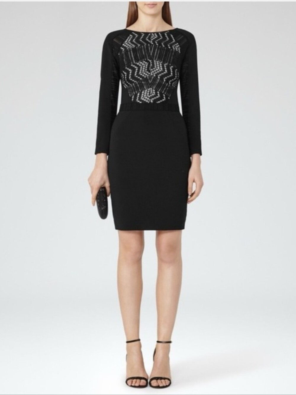 REISS Black Long-Sleeve Lace Overlay Sheath Dress - Picture 3 of 5